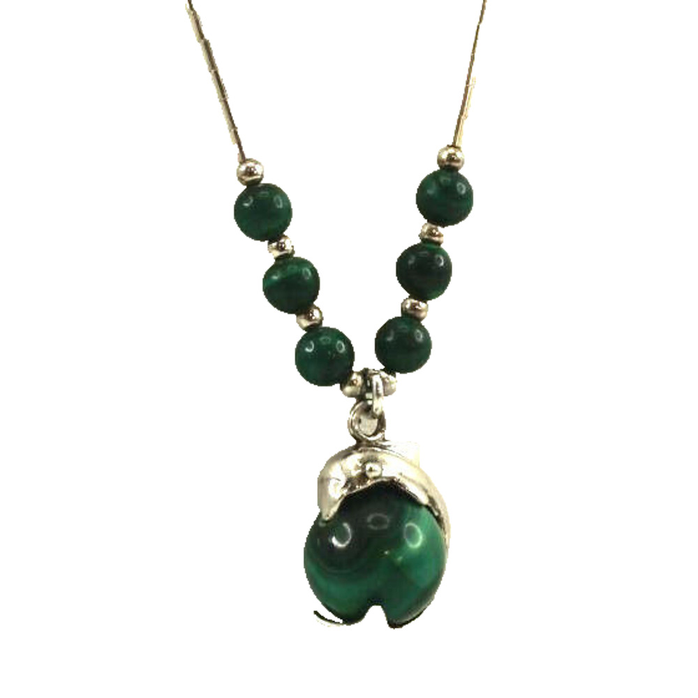 Genuine Green Malachite 925 Silver Dolphin Pendant • 16" Long Necklace